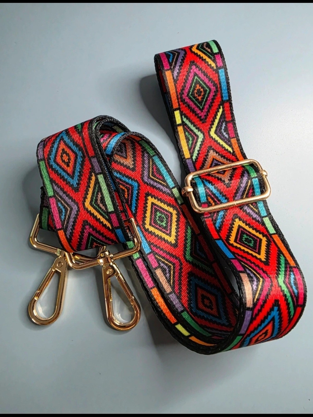 Multicolor Geometric Adjustable Bag Strap with Gold Hardware